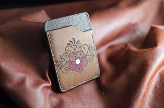 2-Slot Leather Card Wallet - Floral Motif
